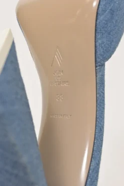 Indigo cotton denim and leather Devon mules with square toe and pyramid heels