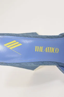 Indigo cotton denim and leather Devon mules with square toe and pyramid heels