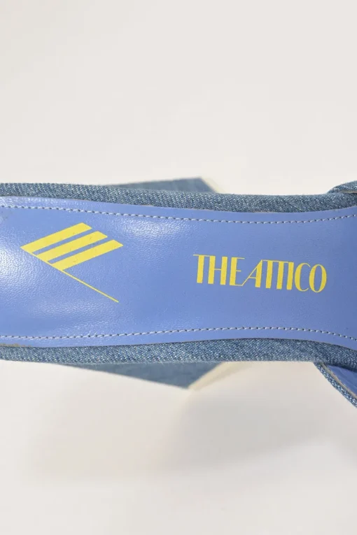 Indigo cotton denim and leather Devon mules with square toe and pyramid heels