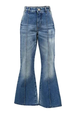 Indigo cotton denim high-rise flared jeans with exposed-seam detailing