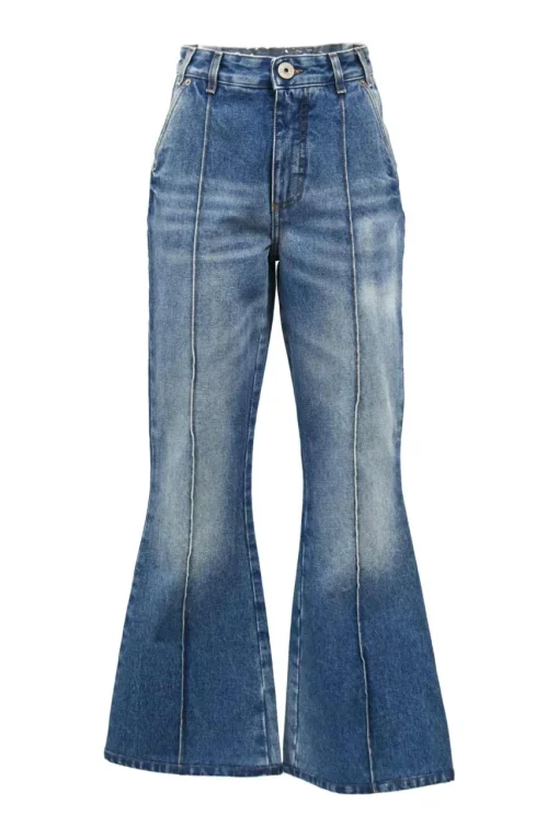 Indigo cotton denim high-rise flared jeans with exposed-seam detailing