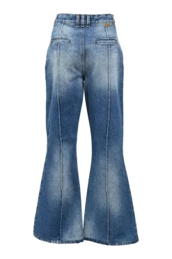 Indigo cotton denim high-rise flared jeans with exposed-seam detailing