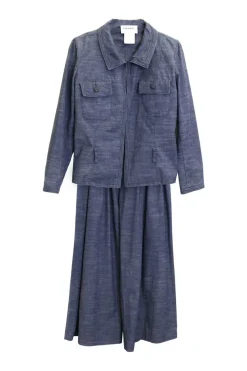 Indigo cotton-blend chambray safari-style jacket with Coco Mark chest patch pockets