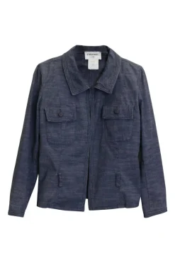 Indigo cotton-blend chambray safari-style jacket with Coco Mark chest patch pockets