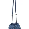 Indigo lambskin leather and fringed cotton denim crossbody bucket bag with silver-tone hardware