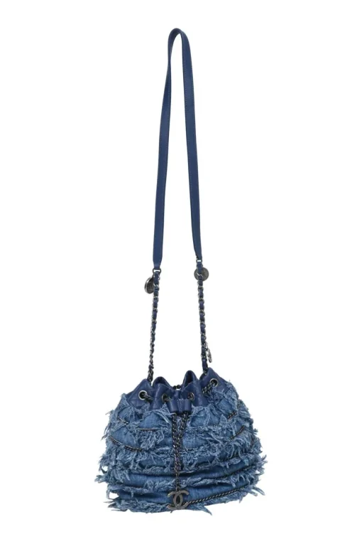 Indigo lambskin leather and fringed cotton denim crossbody bucket bag with silver-tone hardware