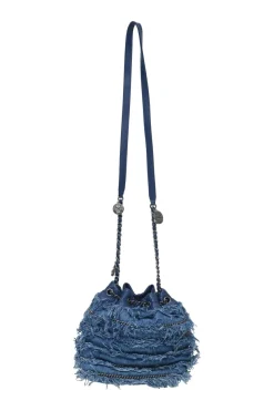 Indigo lambskin leather and fringed cotton denim crossbody bucket bag with silver-tone hardware