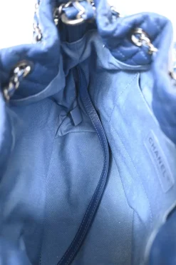Indigo lambskin leather and fringed cotton denim crossbody bucket bag with silver-tone hardware