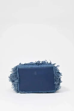 Indigo lambskin leather and fringed cotton denim crossbody bucket bag with silver-tone hardware