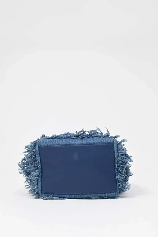 Indigo lambskin leather and fringed cotton denim crossbody bucket bag with silver-tone hardware