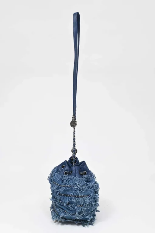 Indigo lambskin leather and fringed cotton denim crossbody bucket bag with silver-tone hardware
