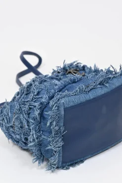 Indigo lambskin leather and fringed cotton denim crossbody bucket bag with silver-tone hardware