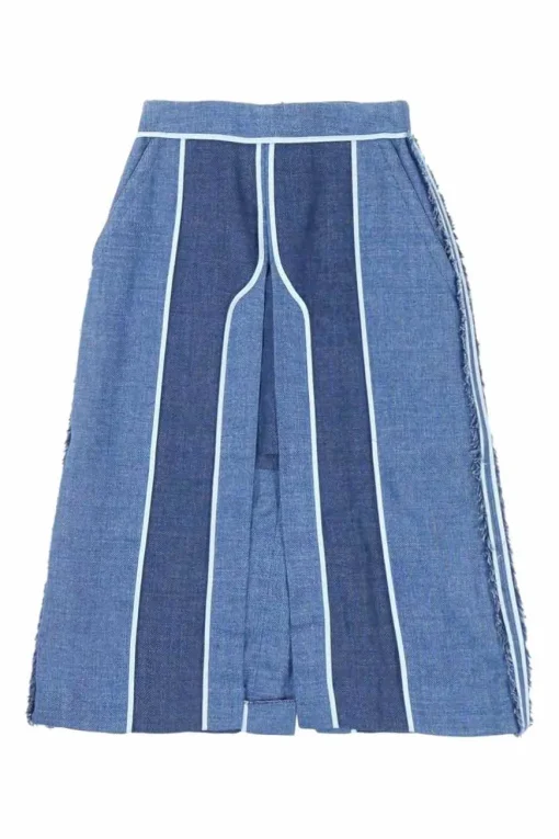 Indigo paneled linen-wool blend Kent bi-layer slit raw edge skirt with contrast bonding details