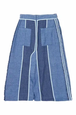 Indigo paneled linen-wool blend Kent bi-layer slit raw edge skirt with contrast bonding details