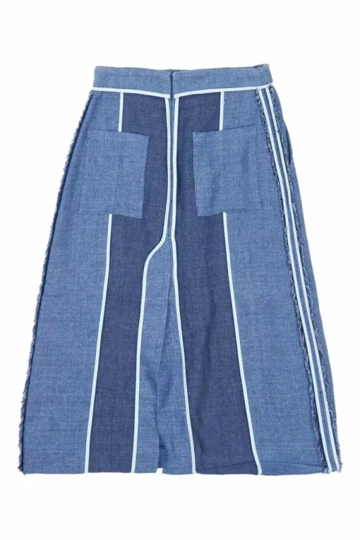 Indigo paneled linen-wool blend Kent bi-layer slit raw edge skirt with contrast bonding details