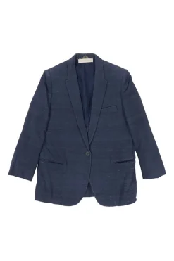 Indigo silk-linen blend single breasted notch lapel textured soft blazer with double-welt hip pockets