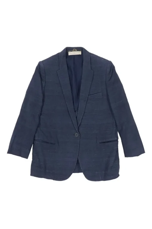 Indigo silk-linen blend single breasted notch lapel textured soft blazer with double-welt hip pockets