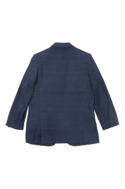 Indigo silk-linen blend single breasted notch lapel textured soft blazer with double-welt hip pockets