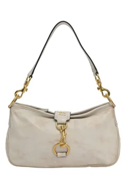 Ivory aged leather snap hook shoulder bag with gold-tone metallic hardware