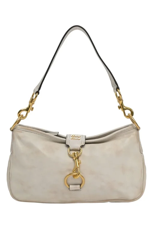 Ivory aged leather snap hook shoulder bag with gold-tone metallic hardware