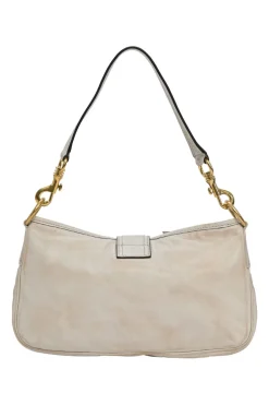 Ivory aged leather snap hook shoulder bag with gold-tone metallic hardware