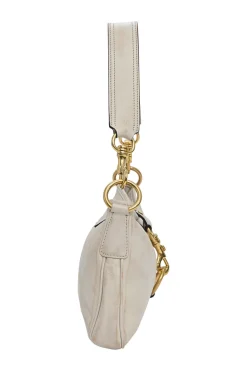 Ivory aged leather snap hook shoulder bag with gold-tone metallic hardware