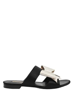Ivory and black bow-embellished satin and leather slider sandals
