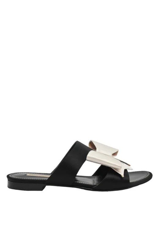 Ivory and black bow-embellished satin and leather slider sandals