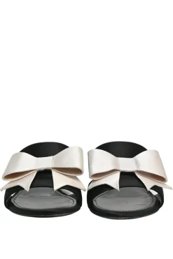 Ivory and black bow-embellished satin and leather slider sandals