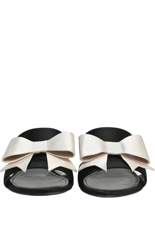 Ivory and black bow-embellished satin and leather slider sandals