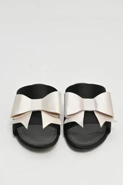 Ivory and black bow-embellished satin and leather slider sandals
