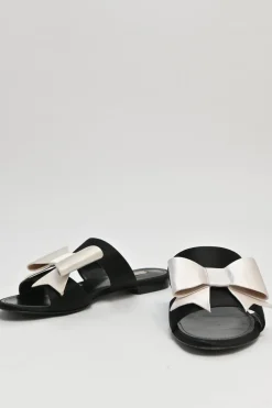 Ivory and black bow-embellished satin and leather slider sandals