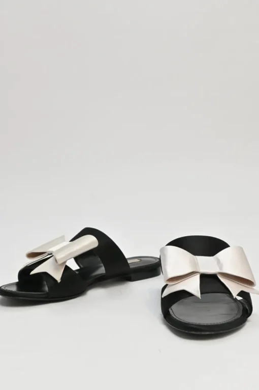 Ivory and black bow-embellished satin and leather slider sandals