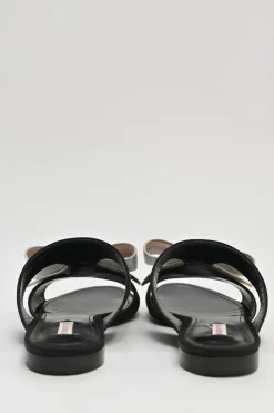 Ivory and black bow-embellished satin and leather slider sandals