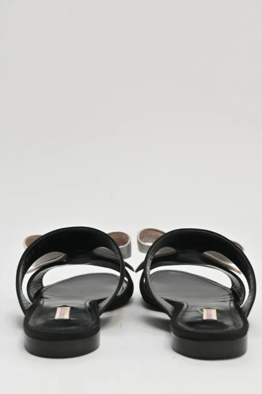 Ivory and black bow-embellished satin and leather slider sandals