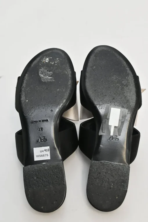 Ivory and black bow-embellished satin and leather slider sandals