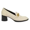 Ivory and black grained calfskin square-toe block heel chain detail loafers