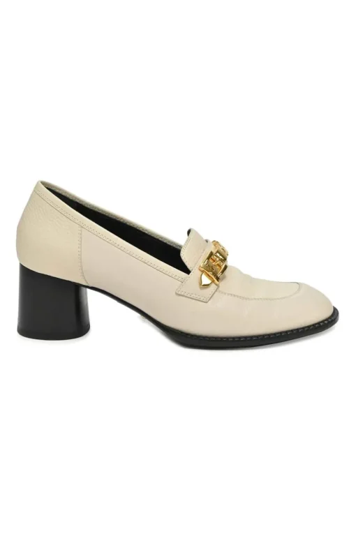 Ivory and black grained calfskin square-toe block heel chain detail loafers