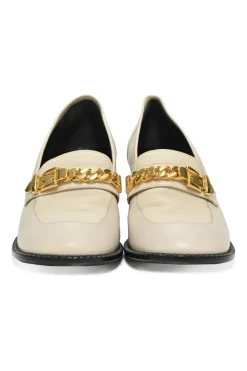 Ivory and black grained calfskin square-toe block heel chain detail loafers