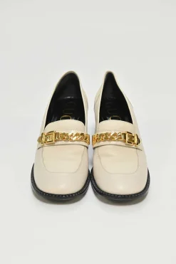 Ivory and black grained calfskin square-toe block heel chain detail loafers