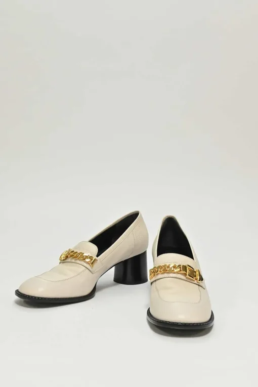 Ivory and black grained calfskin square-toe block heel chain detail loafers