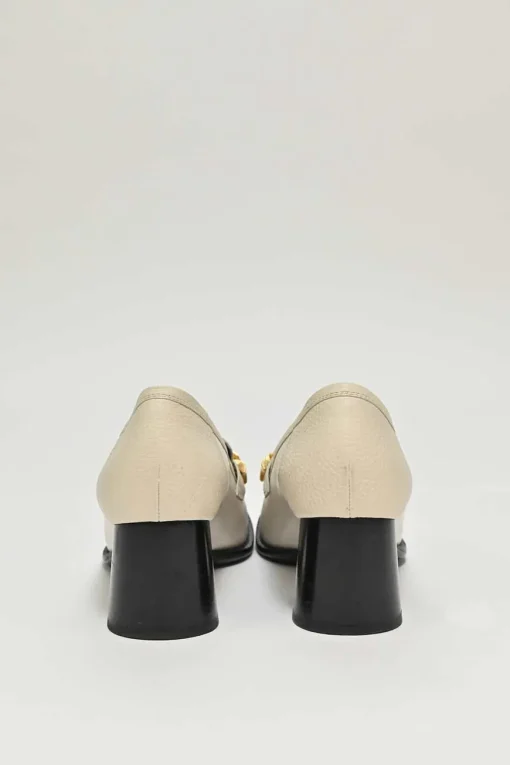 Ivory and black grained calfskin square-toe block heel chain detail loafers