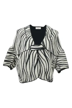 Ivory and black two-tone embroidered cotton loop terry cropped cocoon jacket with dolman sleeves