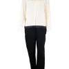 Ivory and black wool drop waist band collar button down blouse and tuxedo trouser paneled jumpsuit