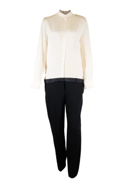 Ivory and black wool drop waist band collar button down blouse and tuxedo trouser paneled jumpsuit