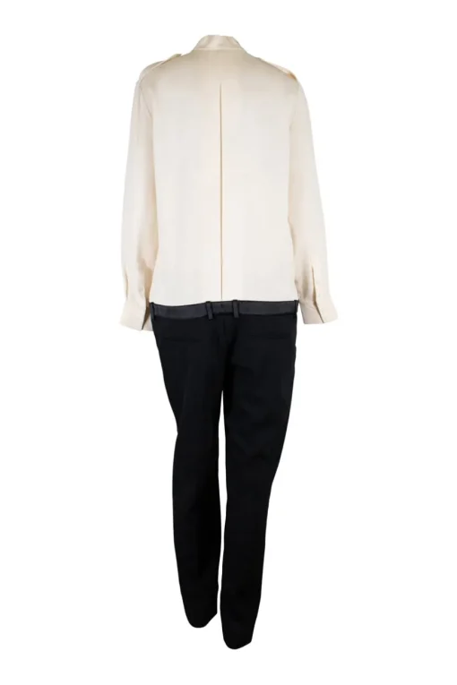 Ivory and black wool drop waist band collar button down blouse and tuxedo trouser paneled jumpsuit