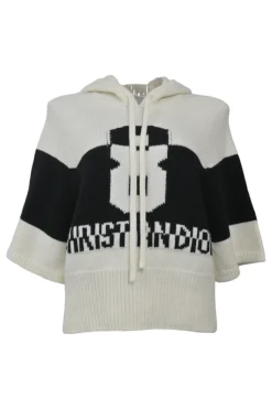 Ivory and black wool-cashmere blend two-tone signature logo intarsia cropped hoodie