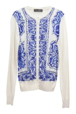 Ivory and blue mixed media silk Majolica tile print foulard cardigan