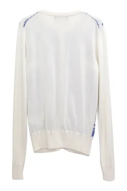 Ivory and blue mixed media silk Majolica tile print foulard cardigan