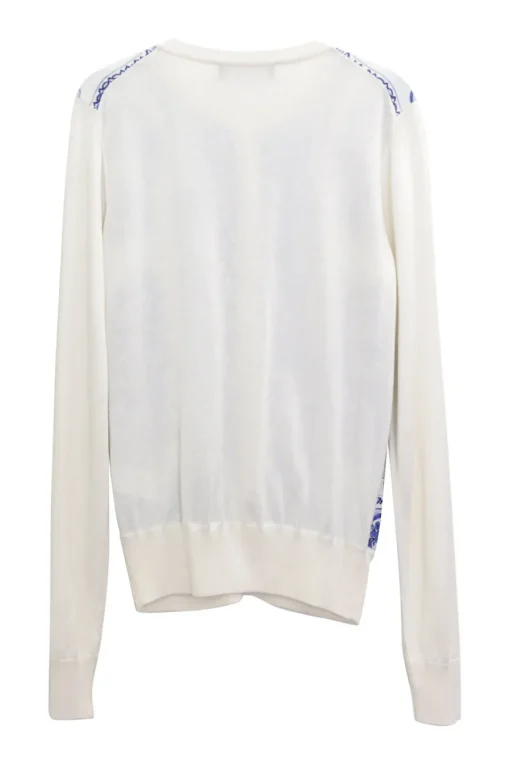 Ivory and blue mixed media silk Majolica tile print foulard cardigan